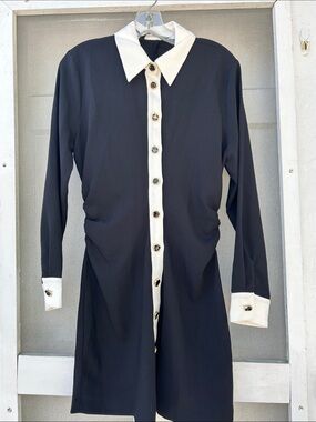 Black Button-Front Dress with White Collar & Cuffs